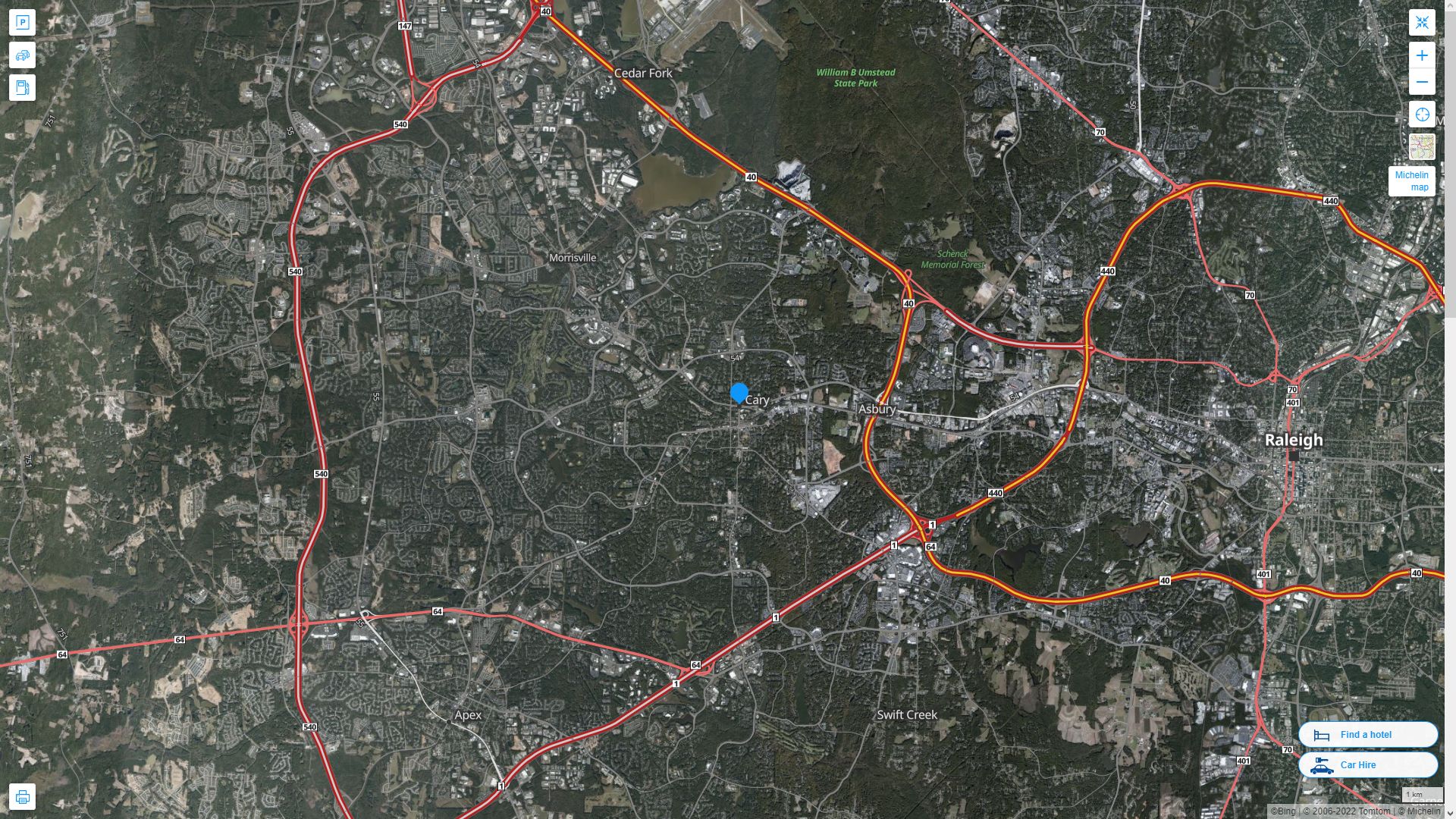 Cary North Carolina Highway and Road Map with Satellite View